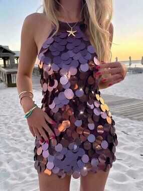 Purple Backless Sequin Women's Mini Dress